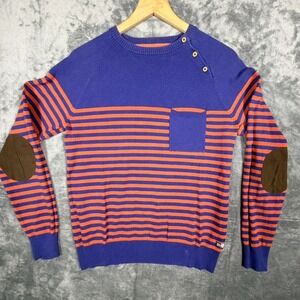 Deninlab Mens Sweater Pullover Size S Blue Orange Striped Knit Elbow Patches‎